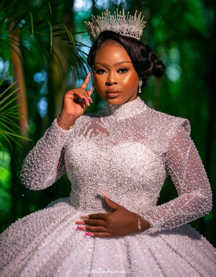 High neck pearl studded ball dress long sleeve